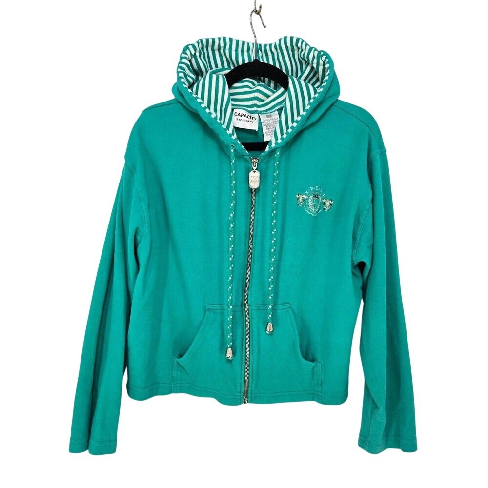 VTG Capacity Sport Jacket Woman‎ Medium Green/Teal Hoodie Embroidered Nautical